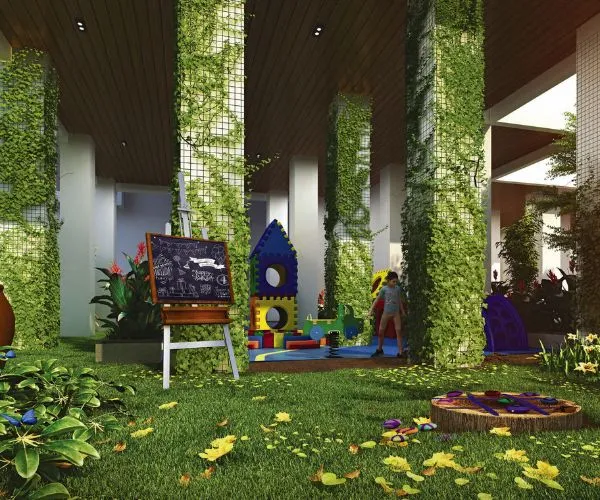 Elegant living room with blue ottoman