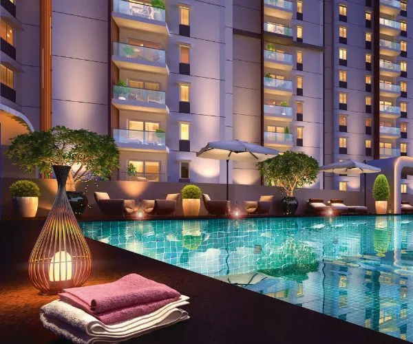 Elegant living room with blue ottoman