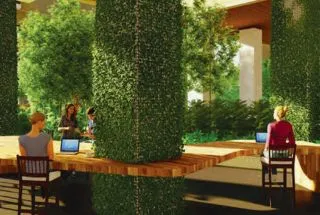 Elegant living room with blue ottoman