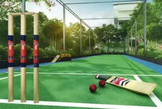 Elegant living room with blue ottoman