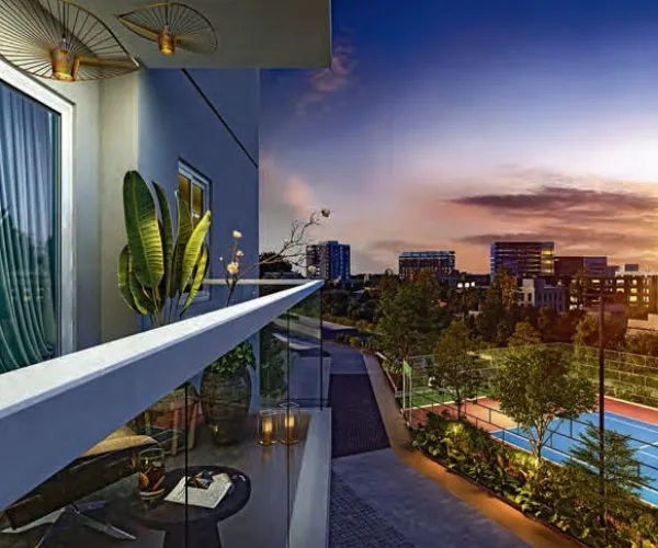 Elegant living room with blue ottoman