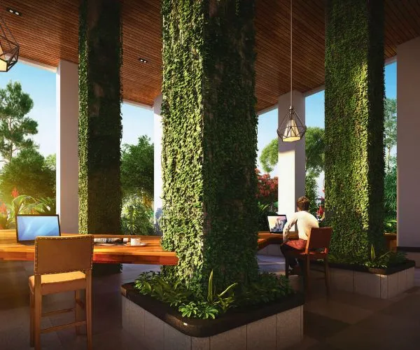 Living room with orange sofa and wooden partition